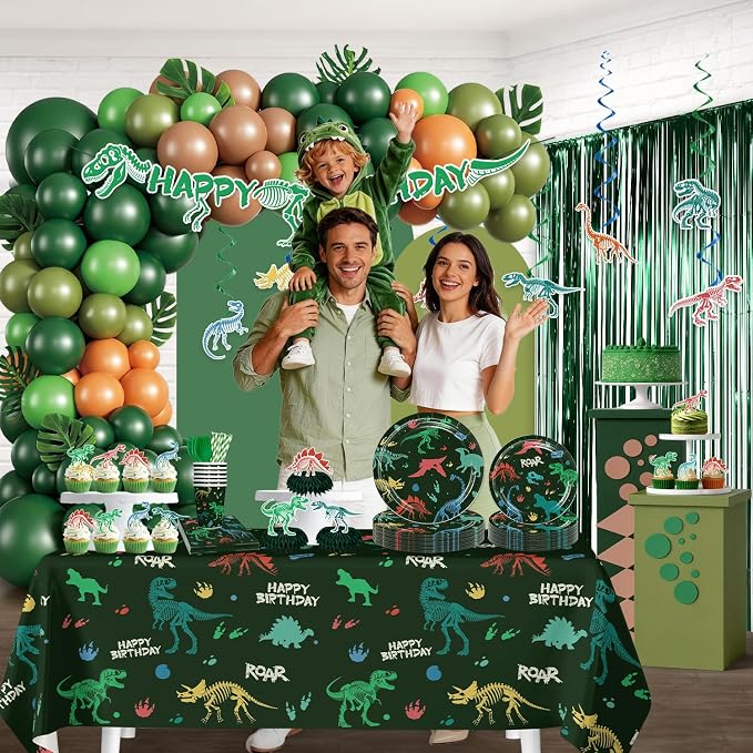 Dinosaur Birthday Decorations for 25 Guests, 293PCS All-in-One Dinosaur Party Decorations Set with Balloons, Plates, Tablecloth, Backdrop & Centerpieces, Easy Setup for Dino Party Supplies