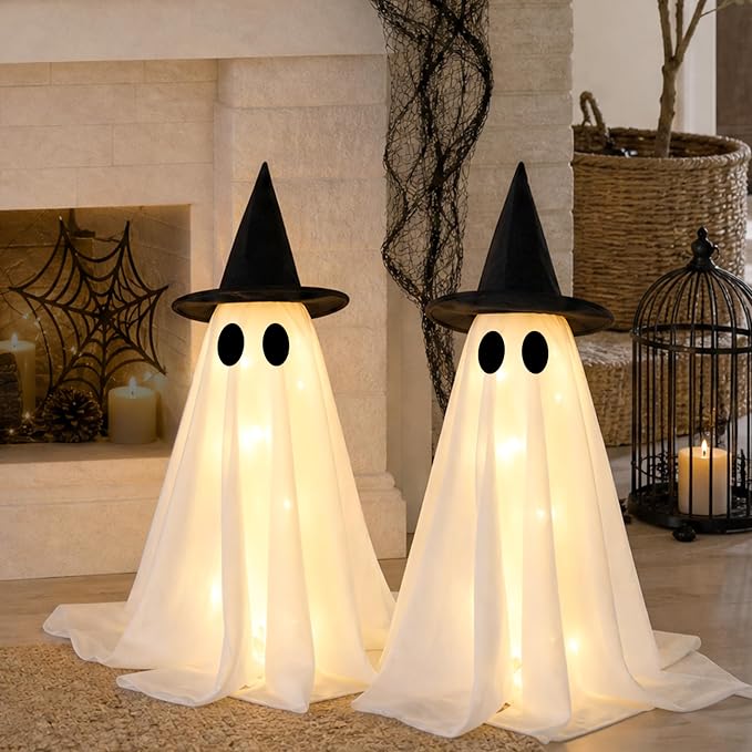 Halloween Decorations-Set of 2 Light-Up Ghosts with Witch Hats, Ghost Table Centerpiece-Spooky Tabletop Decor for Mantel Dining Table Party Indoor Home Decor