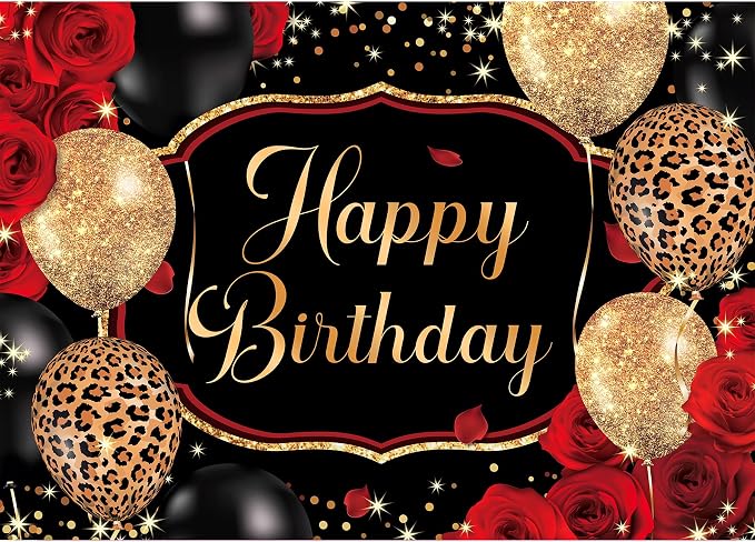 Black Gold Happy Birthday Backdrop Polyester Fabric 7Wx5H Feet Red Rose Leopard Balloons Party Banner 30th 40th 50th Event Abstract Celebration Photography Backgrounds Photo Shoot Props