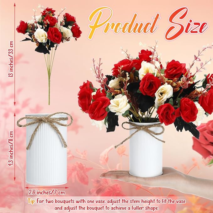 Domensi 6 Sets Wedding Centerpiece for Table Artificial Rose with Vase Fake Bouquets and Metal Pot Flower Arrangements for Bridal Shower Birthday Party Event Table Decor (Red)