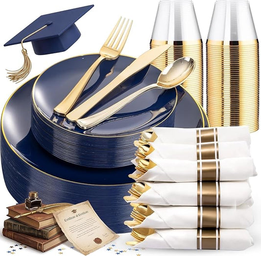 KIRE 175Pcs Blue Plastic Plates - Navy Blue Plates Disposable - 25 for Dinner 25 for Dessert 25 Pre Rolled Napkins with Gold Plastic Silverware and 25 Cups for Birthday/Wedding/Passover/Graduation