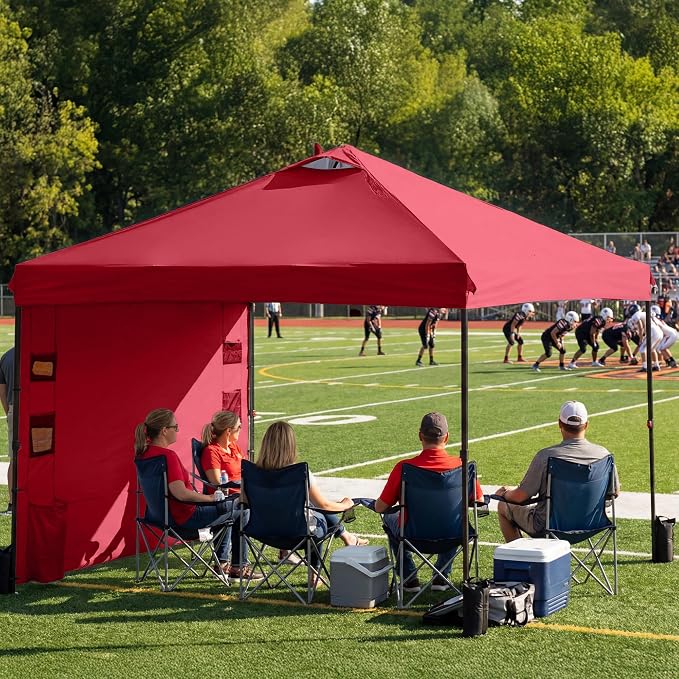 GAFETE 10×10 Pop Up Canopy Tent with 1 Pockets Sidewall, Easy up Sun Shade with One Push Setup, Portable Instant Outdoor Canopy Tent for Events Parties Camping with Carrying Bag (Red, 10x10 FT)