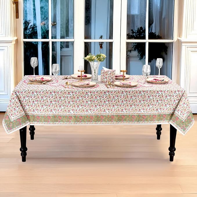 Ridhi Block Print Rose Pink Floral Vine Rectangle Cotton Tablecloth 190" x 72" Reusable Table Cover Decorative Everyday Use for Dining, Farmhouse, Home Gift for Spring, Easter, Valentine