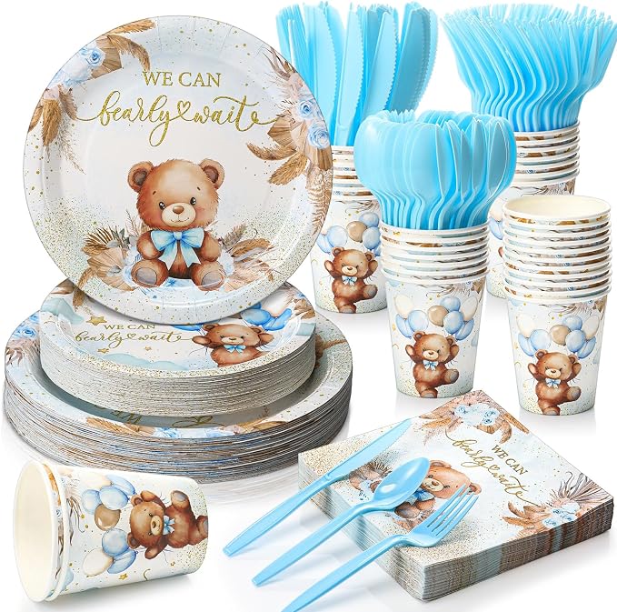 Ziliny 350 Pcs Bear Baby Shower Party Supplies We Can Bearly Wait Paper Plates Napkins Cups and Plastic Cutlery Party Tableware Set for Bear Baby Shower Birthday Decorations, Serves 50