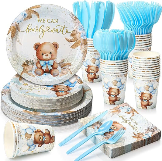 Ziliny 350 Pcs Bear Baby Shower Party Supplies We Can Bearly Wait Paper Plates Napkins Cups and Plastic Cutlery Party Tableware Set for Bear Baby Shower Birthday Decorations, Serves 50