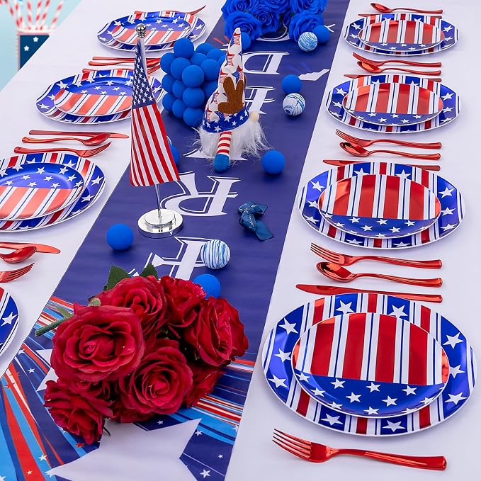 FLOWERCAT 60PCS 4th of July Plates & Red White Blue Plates for Independence Day - Patriotic Plastic Plates Include 30PCS 10.25inch Dinner Plates and 30PCS 7.5inch Dessert Plates