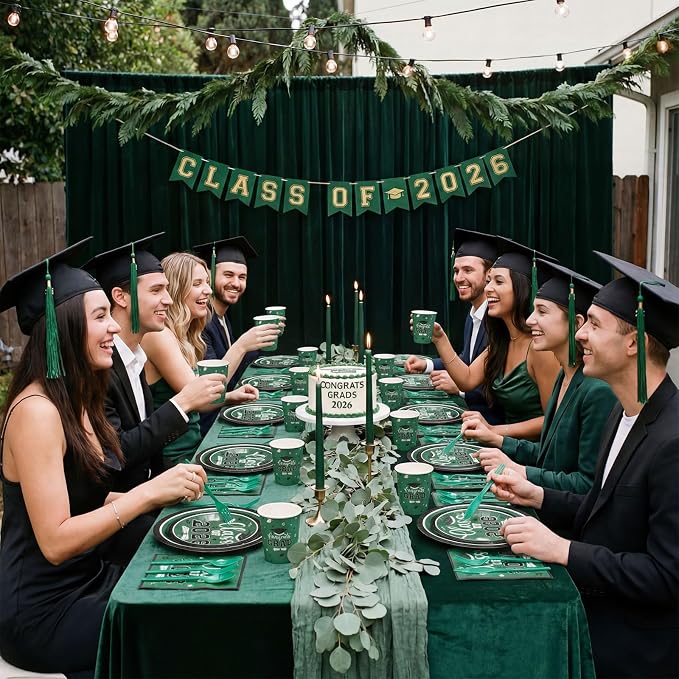 Funnymoom 400 Pcs Graduation Party Supplies Class of 2026 Graduation Paper Plate Napkin Cup Cutlery Congrats Grad Disposable Tableware Set for Grad Party Decorations, Serve 50 (Green, White)