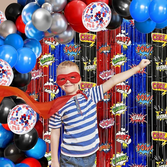 Black Red Blue Balloon Garland Arch Kit Birthday Party Decorations, Hero Foil Fringe Curtains Backdrop Tinsel Streamer Photo Booth Props for Hero Party Decor Supplies Favors