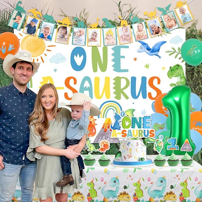 One a Saurus Birthday Decorations for Boys Dinosaur 1st Birthday Decoration with Dinosaur Birthday Photo Banner One a Saurus Birthday Backdrop, Cake Cupcake Toppers Dinosaur Bday Tablecloth