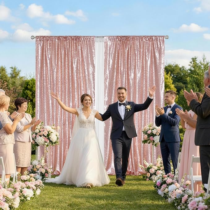 SquarePie 2 PCS 4x10ft Rose Gold Sequin Backdrop for Photography, Extra Long Satin-Backed Real Sequin Curtain, High-Density Shimmering Background with 4" Rod Pocket for Wedding Ceremony, 2 Panels