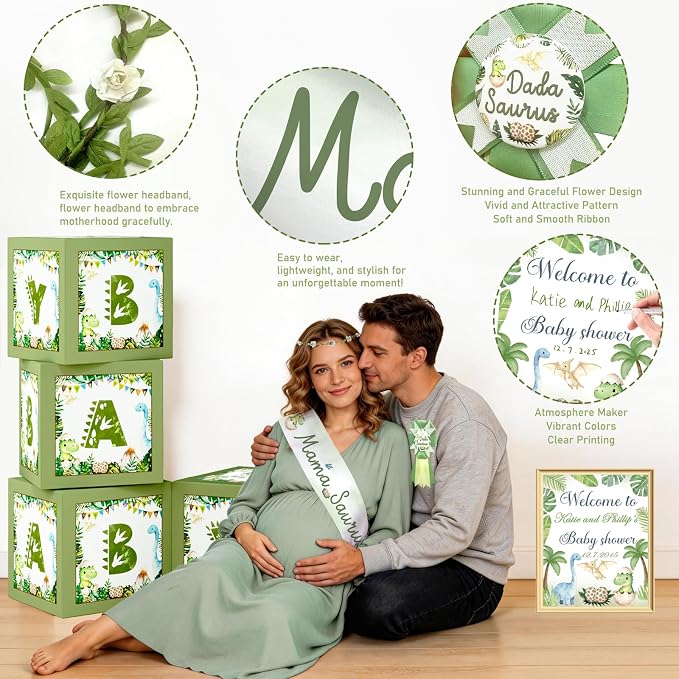 Hombae Dinosaur Baby Shower Decorations, Hatching Soon Baby Shower Supplies with Backdrop, Balloon Garland, Boxes, Mama Saurus Sash for Boys Dino Theme Party