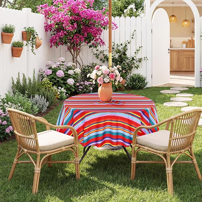 Poise3EHome Round Outdoor Tablecloth with Umbrella Hole and Zipper,Stripe 70 Inch,Polyester SpillProof Washable Table Cloth for Spring Summer Patio Garden Poolside Picnic Camping BBQS