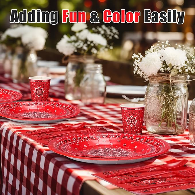 Funnymoom 400 Pcs Western Cowboy Party Supplies for 50 Guests Red Bandana Western Paper Plates and Napkins Knives Spoon Fork Cup Disposable Paisley Farm Dinner Party Set for Baby Shower Birthday