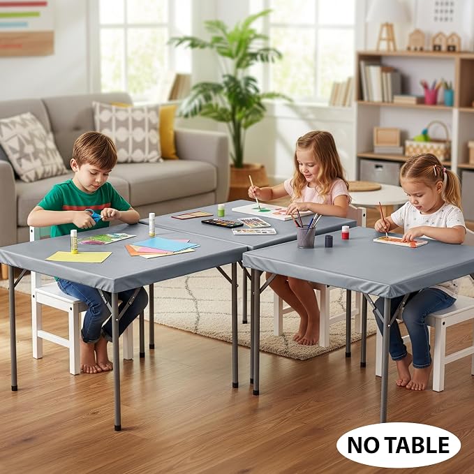 LUSHVIDA 2 Packs Vinyl Card Tablecloth with Flannel Backing 36x36 inch - Waterproof Plastic Picnic Table Cover for Square Folding Table Cloth with Elastic Corners, Light Gray
