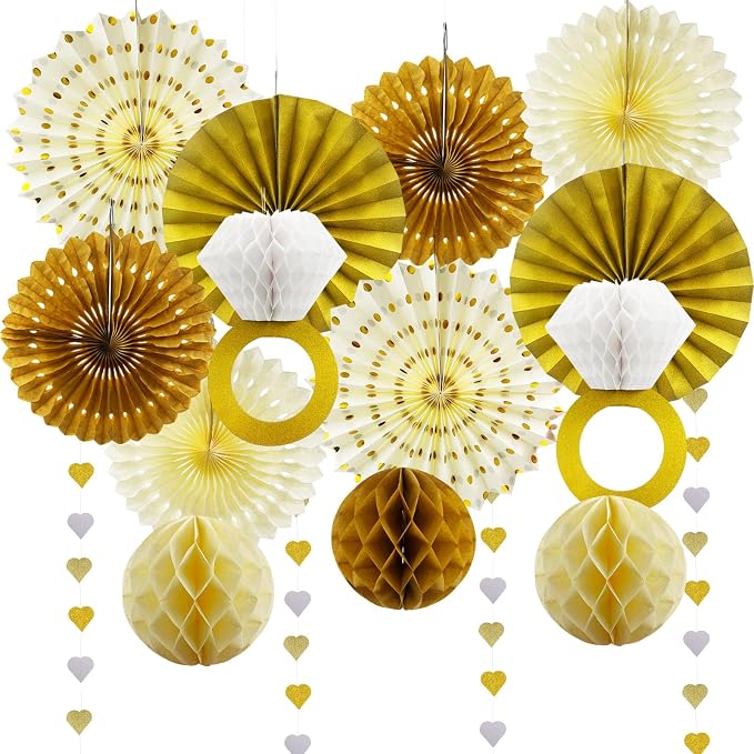Daily Treasures 14PCS Gold White Engagement Party Decorations Kit - Hanging Ring Honeycomb Tissue Pom Poms,Paper Fans& 4m Banner for Engagement Wedding, Anniversary,Birthday Party Decor(Champagne)