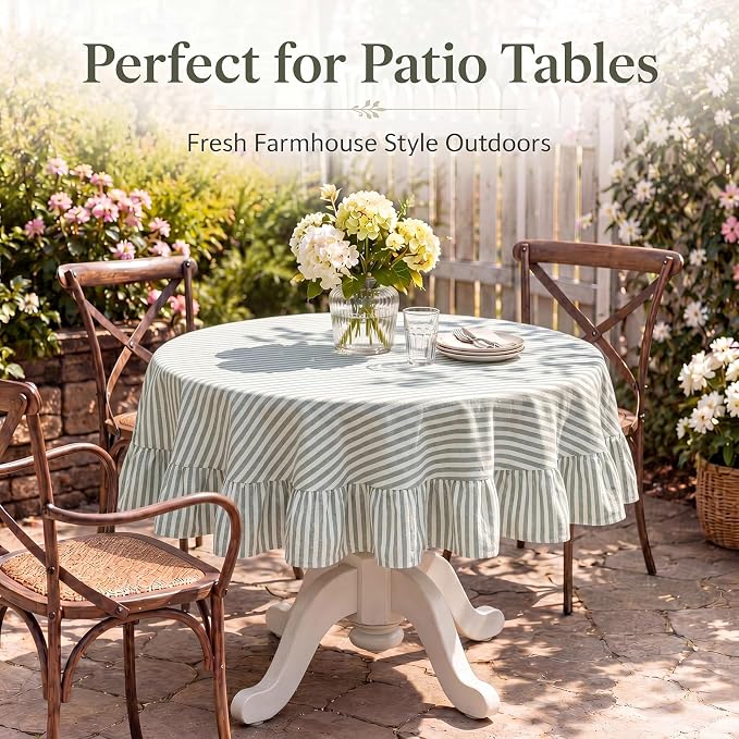 Boao Cotton 54 Inch Farmhouse Ruffle Tablecloth Sage Green White Striped Flounces Trim Table Cover for Round Table Kitchen Party Wedding Decor