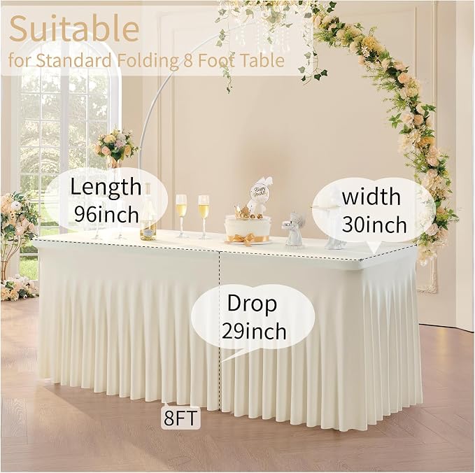 Outpain 8ft Spandex Table Cloth for Standard Folding Tables-2Pack Ivory Table Cloth Table Protector for Party, Wedding, Cocktail, Banquet, Festival