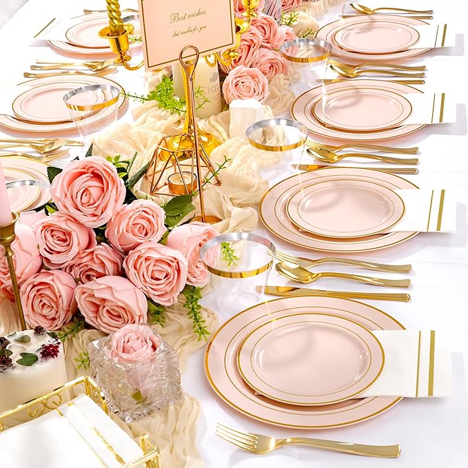 GATHER 700PCS Pink Plastic Plates - Gold Rim Disposable Plastic Dinnerware Set Include 200 Pink Plates, 300 Silverware, 100 Napkins, 100 Cups for Party & Wedding & Mother's Day