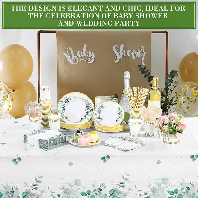Funnymoom 452 Pcs Eucalyptus Leaf Party Supplies Decorations Include Sage Green Paper Plates Napkins Cups Tablecloth Cutlery Straws for Baby Shower Birthday Bridal Shower Wedding Party