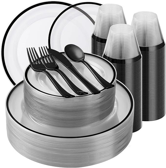 Beststar 350PCS Black and Clear Plastic Dinnerware Sets for 50 Guests, Include 100 Black Disposable Plates, 100 Forks, 50 Knives, 50 Spoons, 50 Cups,Halloween