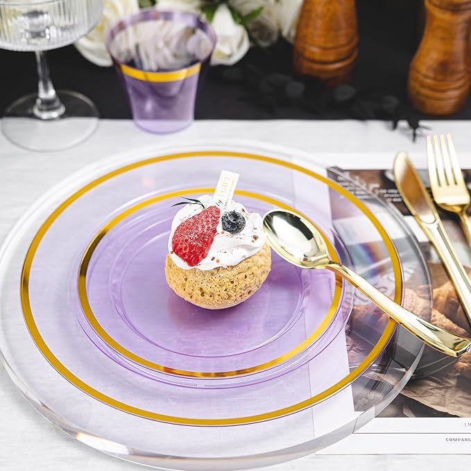 N9R 350PCS Purple Plastic Dinnerware Set for 50 Guests, Gold Disposable Plates for Party, Include: 100 Plastic Plates, 50 Pre Rolled Napkins with Silverware and 50 Cups