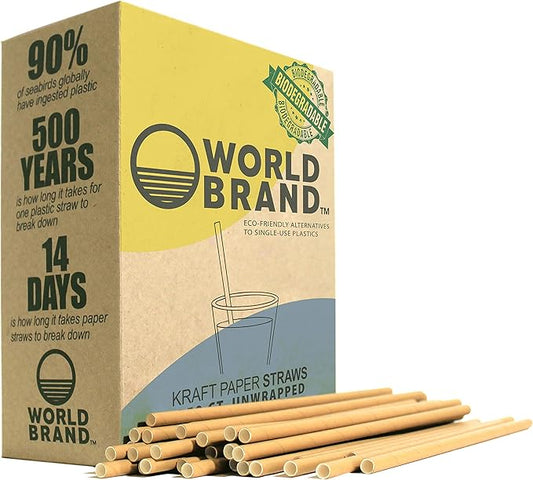 World Brand 250 Count Kraft Paper Straws - Eco-Friendly Party Supplies - Biodegradable Drinking Straws - Plastic & Dye Free - Unwrapped - Perfect for Juices, Shakes, Smoothies, Ice Coffee & More