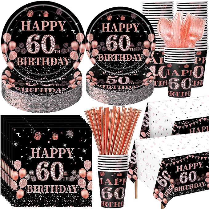 Funnymoom 452pcs 60th Birthday Party Decorations for Women, Black Rose Gold Birthday Supplies, Cheers Tableware Set, Disposable Plates Cups Napkins Cutlery Tablecloth for 50 Guests