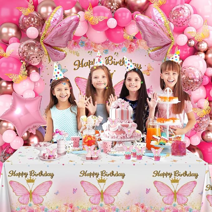 Pink Balloon Arch Kit with Foil Butterfly Balloons, Happy Birthday Backdrop & Tablecloth Decorations for Girl's Party - 106 Supplies