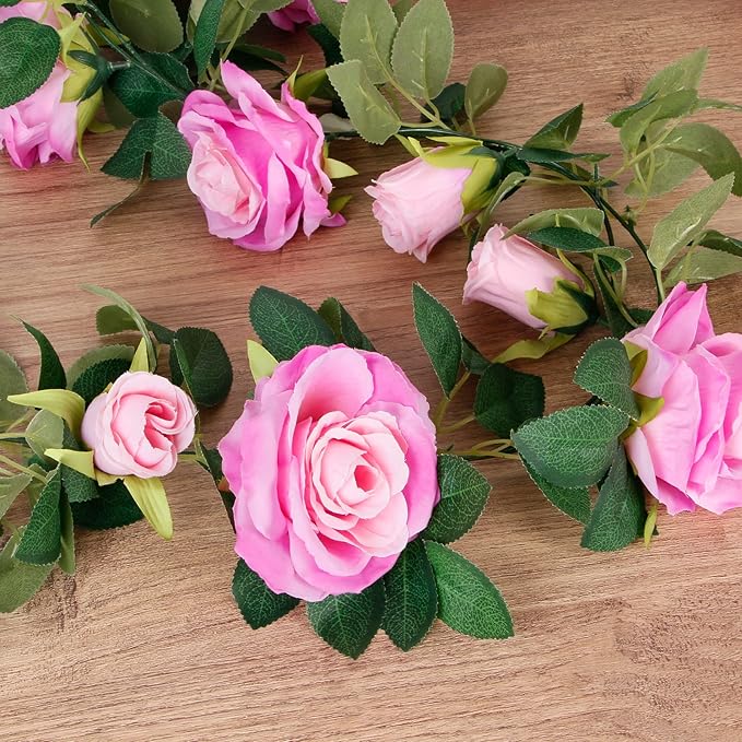 Teldrassil 4Pcs(26 FT) Artificial Rose Vine Fake Flower Garland Fake Silk Rose Hanging Vine for Wedding Party Background Arch Garden Background Decoration (Purplish Red)
