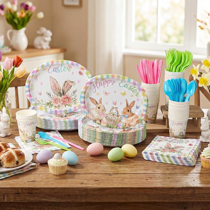 Pajean 350 Pcs Easter Plates Set Bunny Birthday Decorations with 12 Inch Disposable Pastel Easter Oval Plates and Napkins Eggs Heavy Duty Dinnerware for 50 Guests Picnic Spring Party Supplies