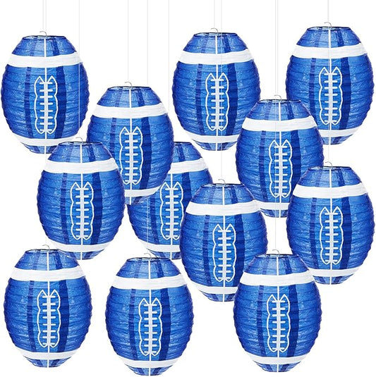 Mudder 3 Pieces 12 Inches Football Paper Lanterns Sports Fan Party Decor Football Hanging Decoration Sports Ball Lantern for Birthday Game Day Tailgates Stadium Party Supply (Royal Blue & White)