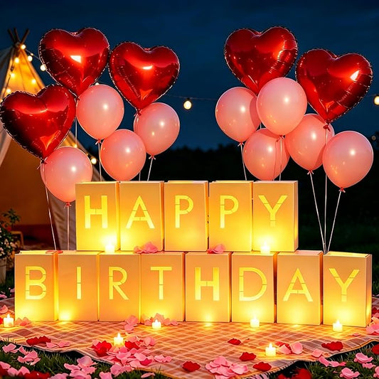 2073Pcs Happy Birthday Decorations with Light Up Letters,Tea Lights Candles Rose Petals Latex Balloons Heart Aluminum Balloons Luminary Bags Party Banner Sign Birthday Surprise Gifts for Women Men