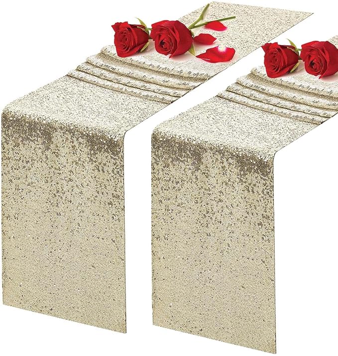 2 Pack Champagne Sequin Table Runner 12 x 108 Inch - High Density Sparkly Glitter Table Runners for Wedding, Baby Shower, Birthday, Banquet, Champagne Shimmer Party Decor