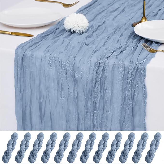 12 Pack Dusty Blue Cheesecloth Table Runner 21x120 Inches, Boho Gauze Rustic Semi Sheer Cheese Cloth Table Runners for Easter Wedding Bridal Baby Shower, Birthday Party, Long Farmhouse Table Decor
