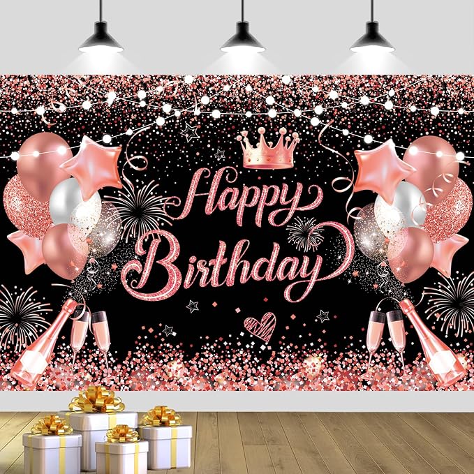 Rose Golden Happy Birthday Party Balloons Decorations Set, 80 PCS | with Photo Background Backdrop, Happy Birthday Sign Cloth, 3PCS 18inch Metal Pink Gold Balloons, Rose Gold Confetti Balloons
