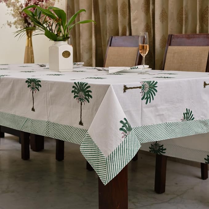 Ridhi Green Palm Hand Block Print Cotton Rectangle Tablecloth 120" x 80" inches Reusable Table Cover Decorative Everyday Use for Dining Room, Farmhouse, Home Gift for Spring, Mother's Day