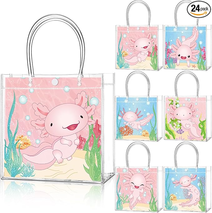 Teenyyou 24 Pcs Axolotl Party Favor Bags Amphibian Clear PVC Gift Bags with Handles for Birthday Party Decorations