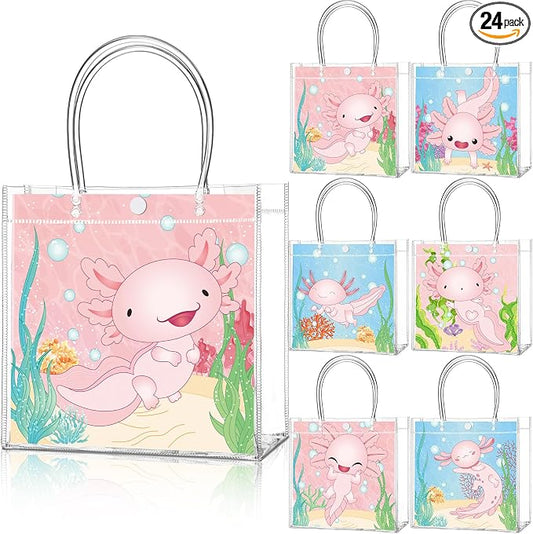 Teenyyou 24 Pcs Axolotl Party Favor Bags Amphibian Clear PVC Gift Bags with Handles for Birthday Party Decorations