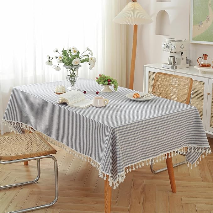 meioro Table Cloth Blue White Striped Tablecloth Tassels Cotton Blend Dust-Proof Table Cover for Dining Coffee Buffet Kitchen Picnic Tables, Parties Holiday Indoor Outdoor Tablecloths (47x63 Inch)