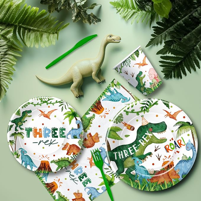 Srua Don Dinosaur 3rd Birthday Party Supplies Decorations, Dino Theme Three Rex Birthday Decorations, Paper Plates, Cups, Napkins, Tablecloth, Disposable Cutlery, Swirls, Banner, Serves 24