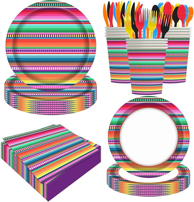 140PCS Mexican Serape Fiesta Plates and Napkins Set, Fit Mexican Themed Paper Dessert Plates, Taco Colorful Stripes Pinata Ponchos Platters Dance Party, Serves 20 Guests