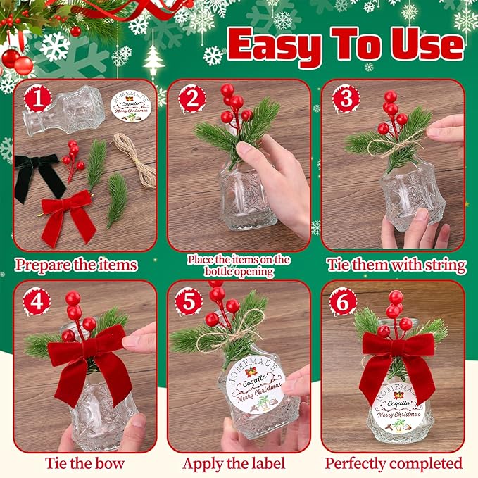 121 Pcs Christmas Coquito Wine Bottle Label Stickers Set,24Coquit Label Stickers 24 Velvet Bows 48 Pine Branches and Berry Stems for DIY Craft Xmas Party Dinner Table Decoration (No Wine Bottle)