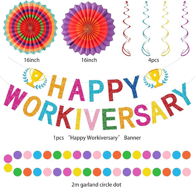 Roetyce Work Anniversary Party Decorations Women Men, Colorful Happy Workiversary Banner Paper Fans, Happy Work Anniversary Photo Backdrop Background for Employee Coworker Office Party Supplies