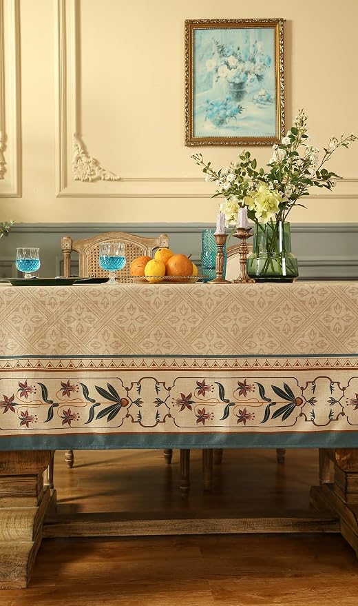 patdrea Designer French Linen Tablecloth,Rectangular,110"x63"-Fram | Elegant Durable Large Table Cloth for Rectangle Table,Vintage Block Print,for Dining Room Tea Party Thanksgiving,Beige