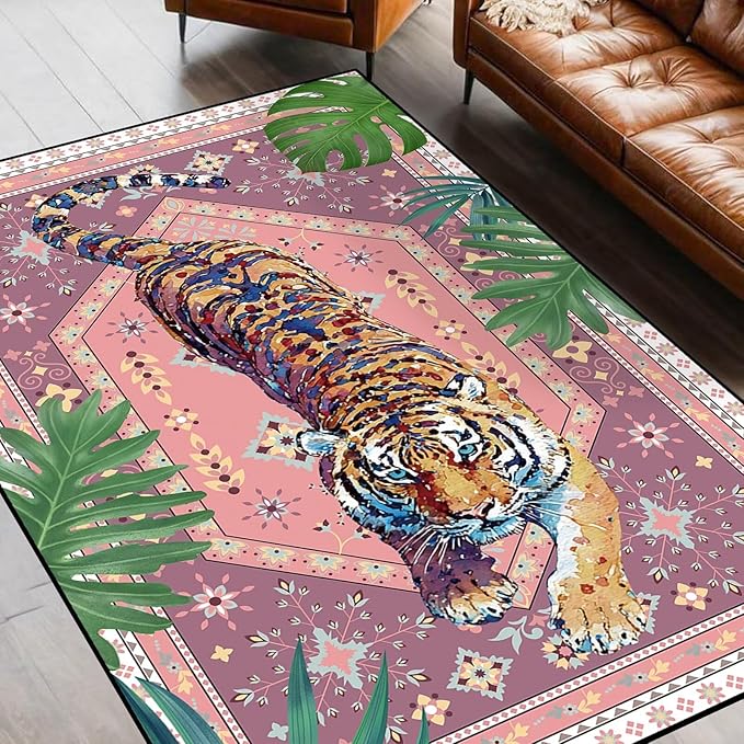 Pink Tiger Area Rug 3' x 5' Tropical Animal Carpet for Kids Bedroom Living Room Nursery Jungle Leaf Floor Mat Modern Aesthetic Non-Slip Doormat Carpet Home Decor