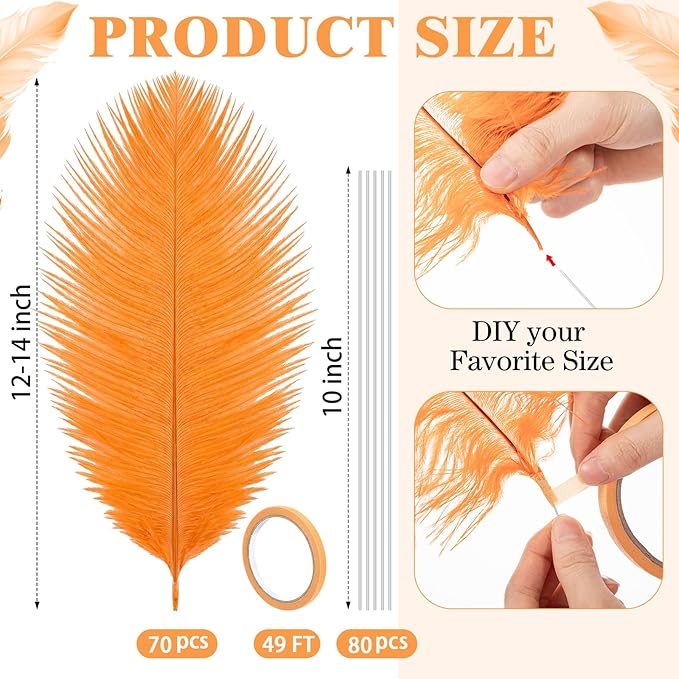Hanaive 150 Pcs Ostrich Feathers Set Bulk Plumes 12-14 Inch (30-35cm) 70 Pcs Large Ostrich Feathers with 80 Sticks and Tape for DIY Crafts Wedding Home Party Centerpiece Decorations(Orange)