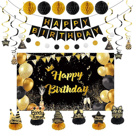 Happy Birthday Party Decoration Set: Including Birthday Banner Backdrop, Party Table Centerpieces and Hanging Swirl Party Streamers, Birthday Decor for Men and Women (Gold/Black, Happy Birthday)