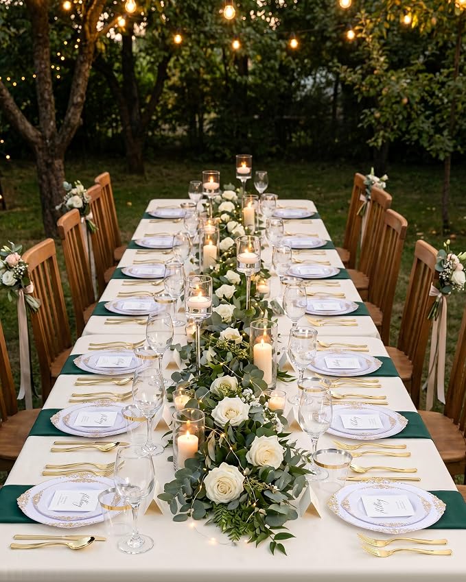 Nervure 600PCS Gold Plastic Dinnerware Set- White and Gold Disposable Plates for 100 Guests - 200 Disposable Plates, 300 Plastic Silverware, 100 Cups Perfect for Wedding & Party