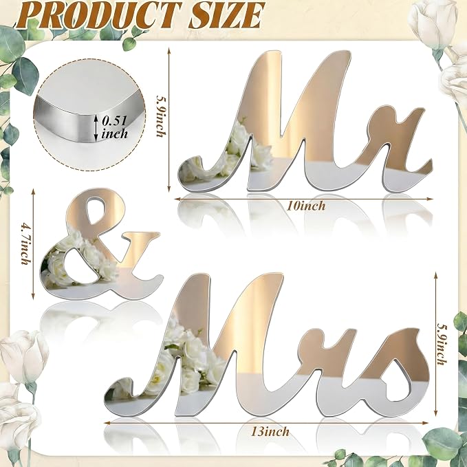 Yuntau Mr & Mrs Table Sign with Acrylic Mirror Wooden Freestanding Letters Sweetheart Table Decorations & Photo Props for Wedding Anniversary Parties Photo Props, Rustic Shower Gift(Silver)