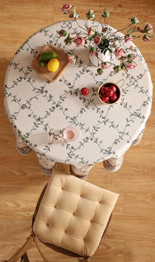 patdrea Vintage French Linen Tablecloth,Round,Diameter 55"-Oliveirad | Heavyweight Elegant Table Cloth for Round Table,Dark Floral & Vine Printfor Dining Room Tea Party Thanksgiving